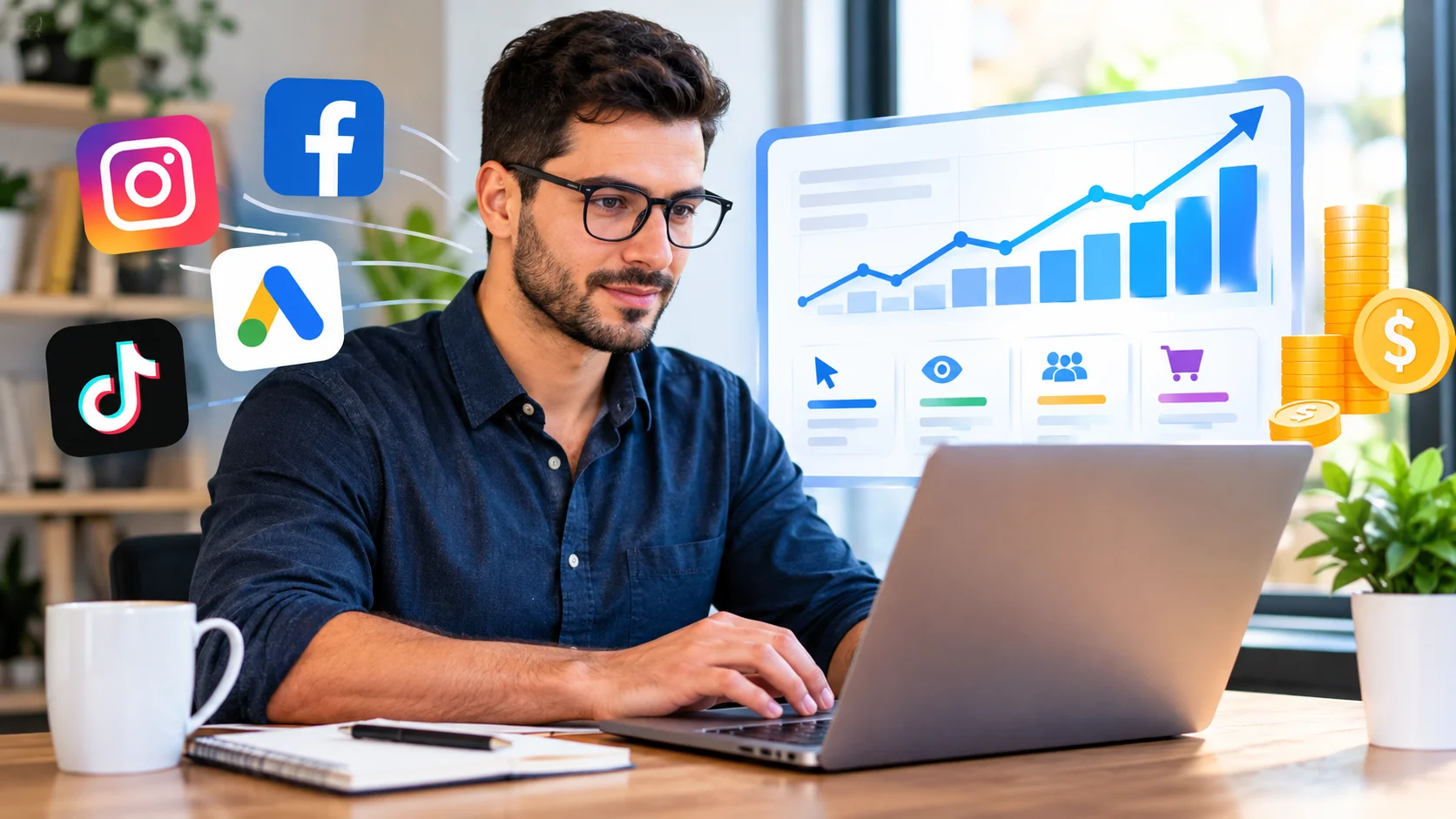 Profissional gestor de tráfego pago analisando métricas de campanhas digitais