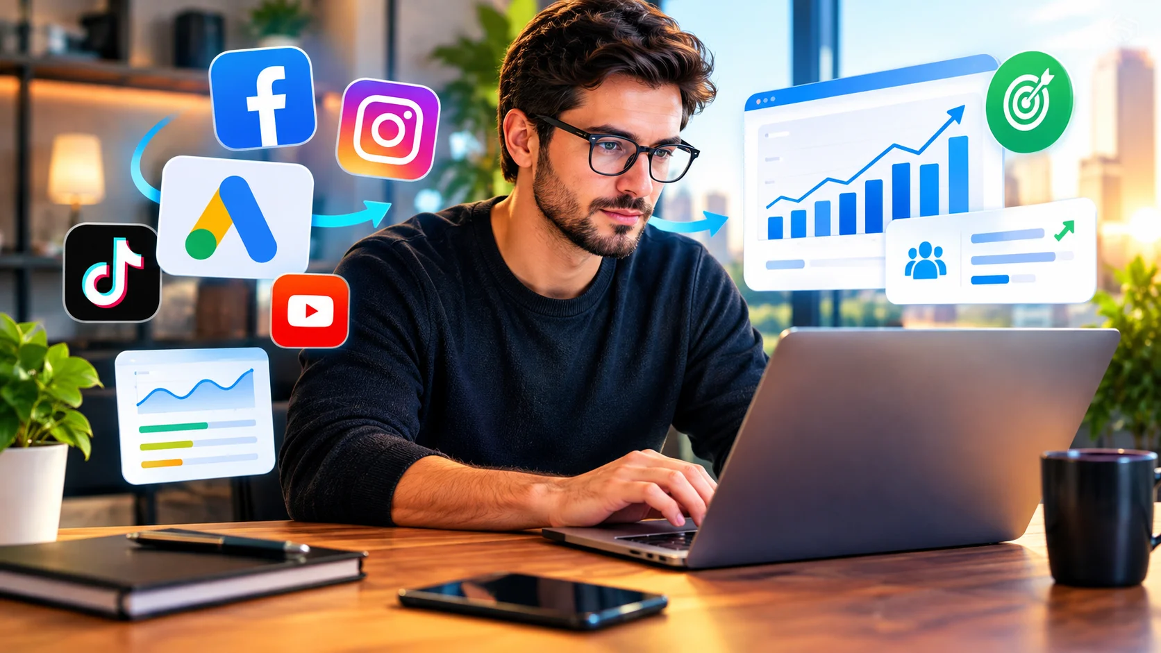 Profissional gestor de tráfego pago analisando métricas de campanhas digitais