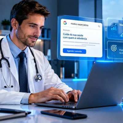 Médico analisando resultados de tráfego pago em um tablet