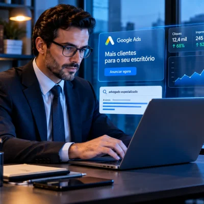 Advogado analisando dados de tráfego pago em um laptop