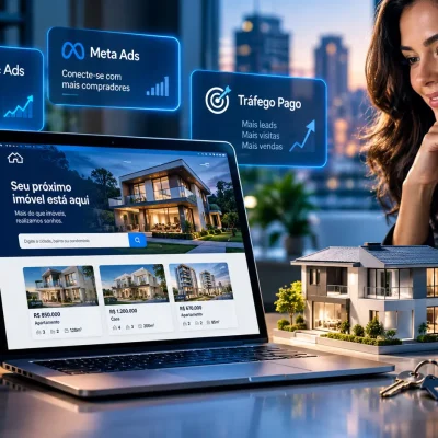 Imagem ilustrativa sobre tráfego pago para imobiliária com gráficos e imóveis